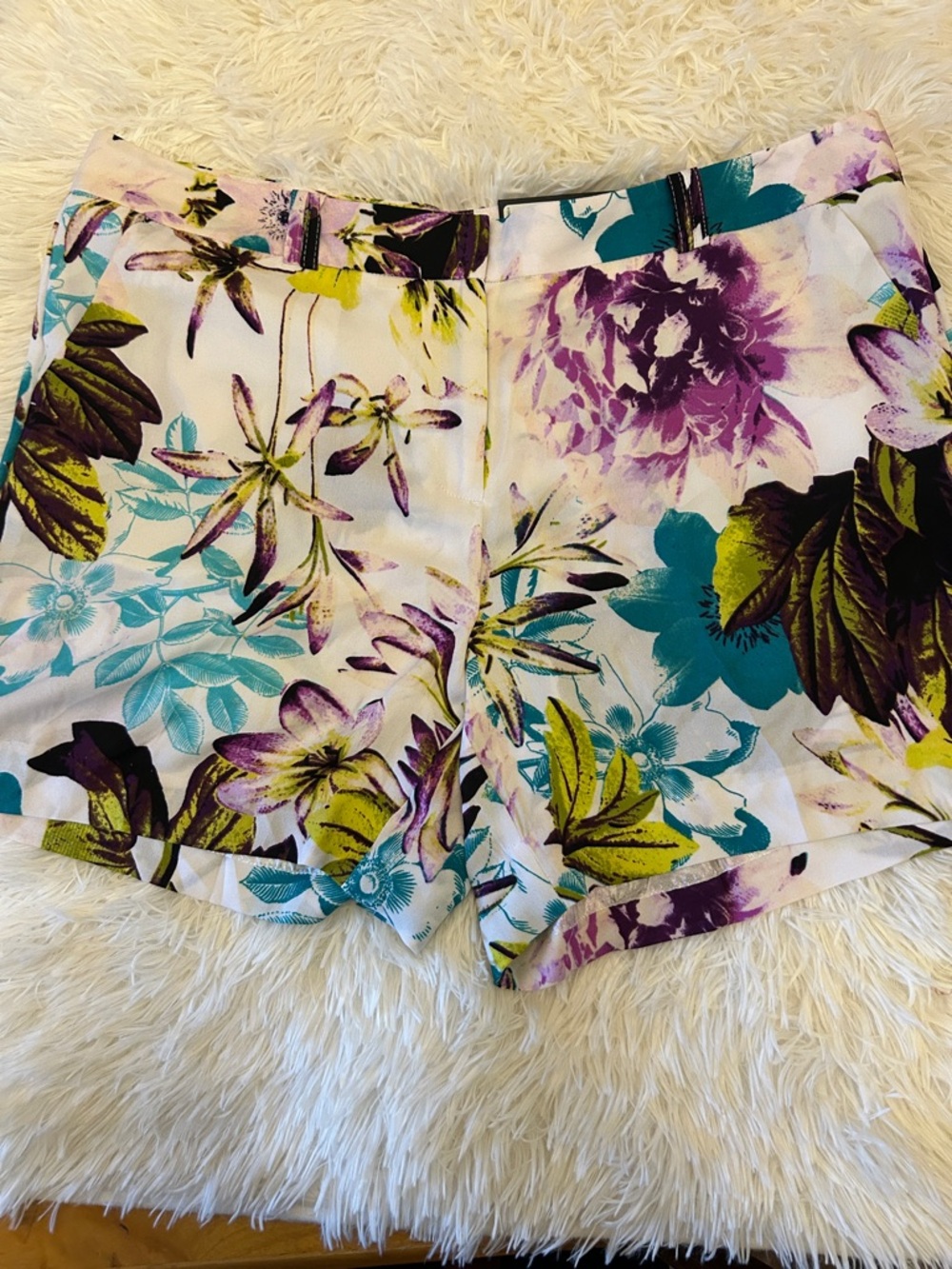 Worthington White Floral Bermuda Shorts with Purple, Teal & Green Accents